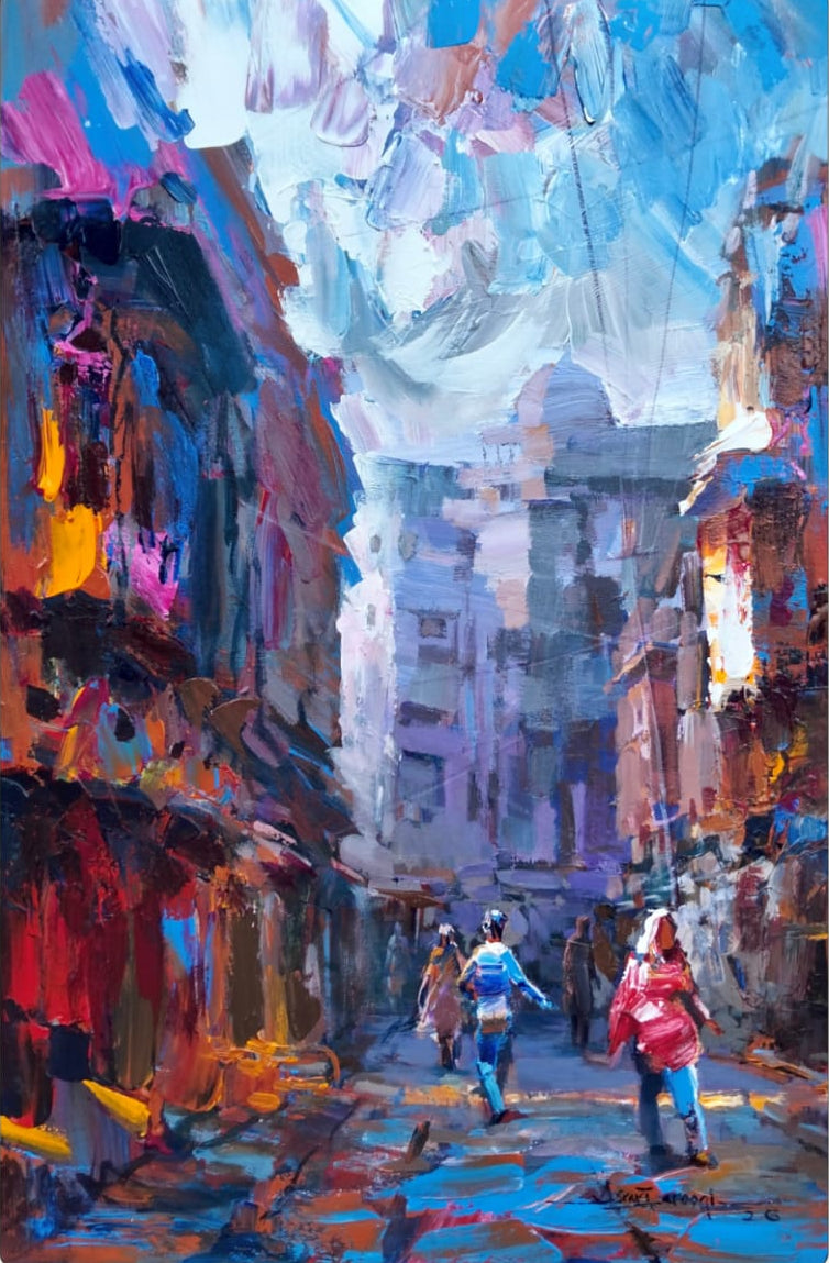 Old Lahore, Cityscape Painting by Asrar Farooqi, Oil on Canvas, 24 x 36 Inches