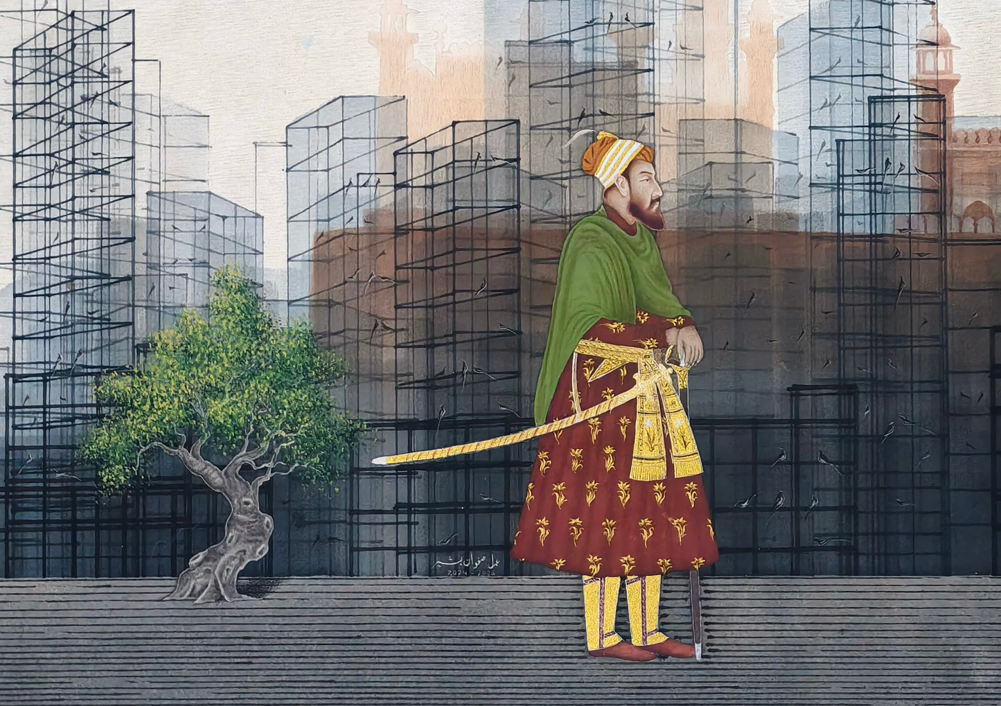 Where Birds Once Flew, Figurative Painting by Safwan Bashir, Watercolor on Paper, 45 x 27 Inches