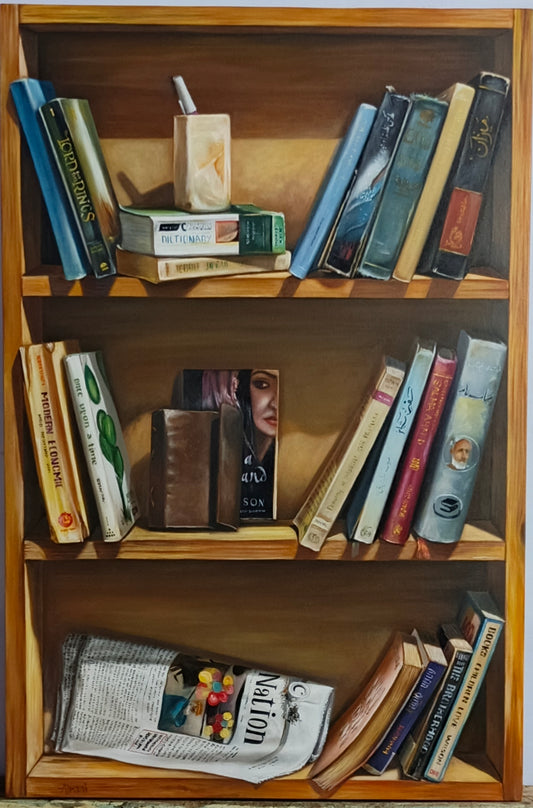 Between the Pages, Painting by Ahmed Alraai, Oil on Canvas, 24 x 36 inches