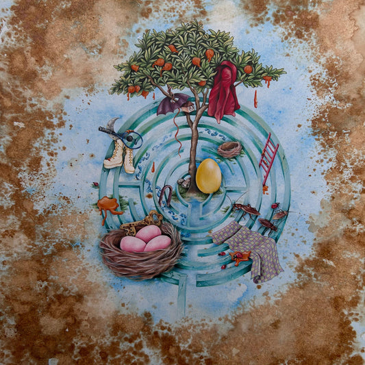 The Lost Moon and the Citrus Meander, Painting by Shiza Ali Noor, Mixed Media on Wasli, 11.2 x 13 inches