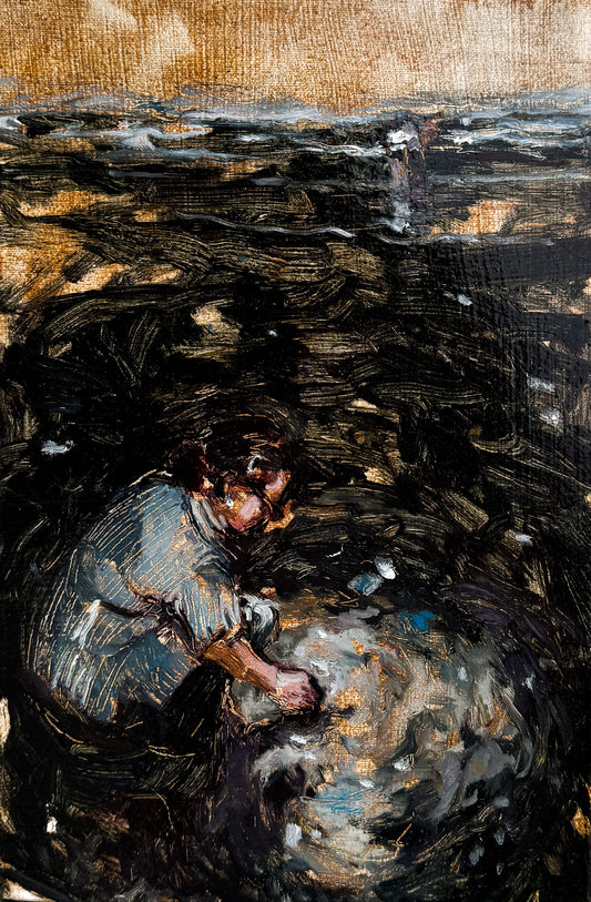 The Shell Collector & Lovers on the Beach, Painting by Vania Mazhar, Mixed Media on Canvas, 5 x 8 inches