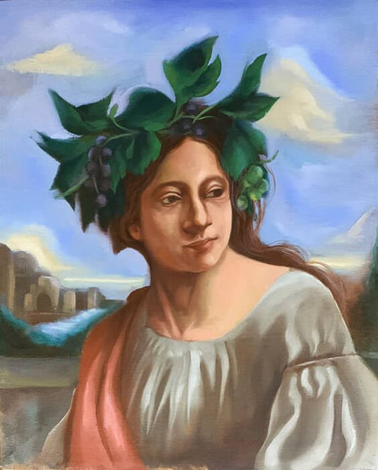 Girl with the Grapevine Crown, Painting by Husnain Ali Khowaja, Oil on Canvas, 16 x 20 inches