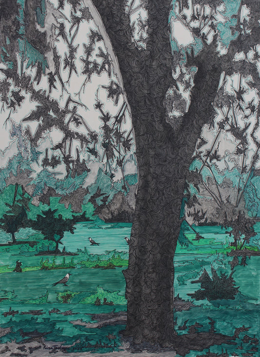 Green Serenity, Painting by Faiza Taufique, Ink on Card, 18 x 24 inches