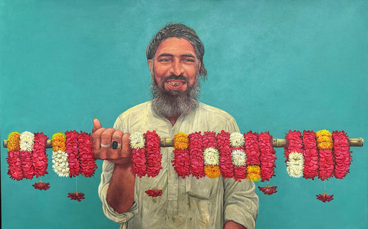 Flowers Vendor, Painting by Asif Hussain, Oil on Canvas, 47 x 30 inches