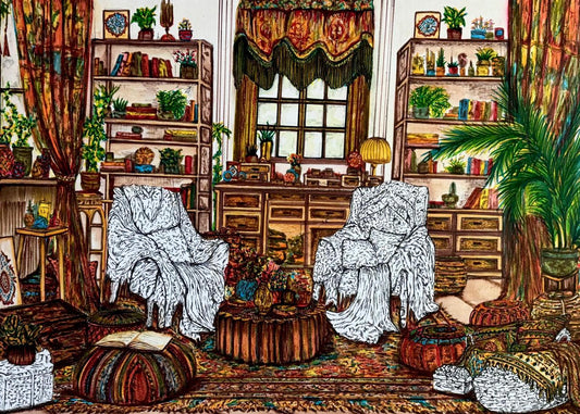Woh Do Kursiyan, Painting by Yasmeen Zafar, Mixed Media on Paper, 30 x 22 inches