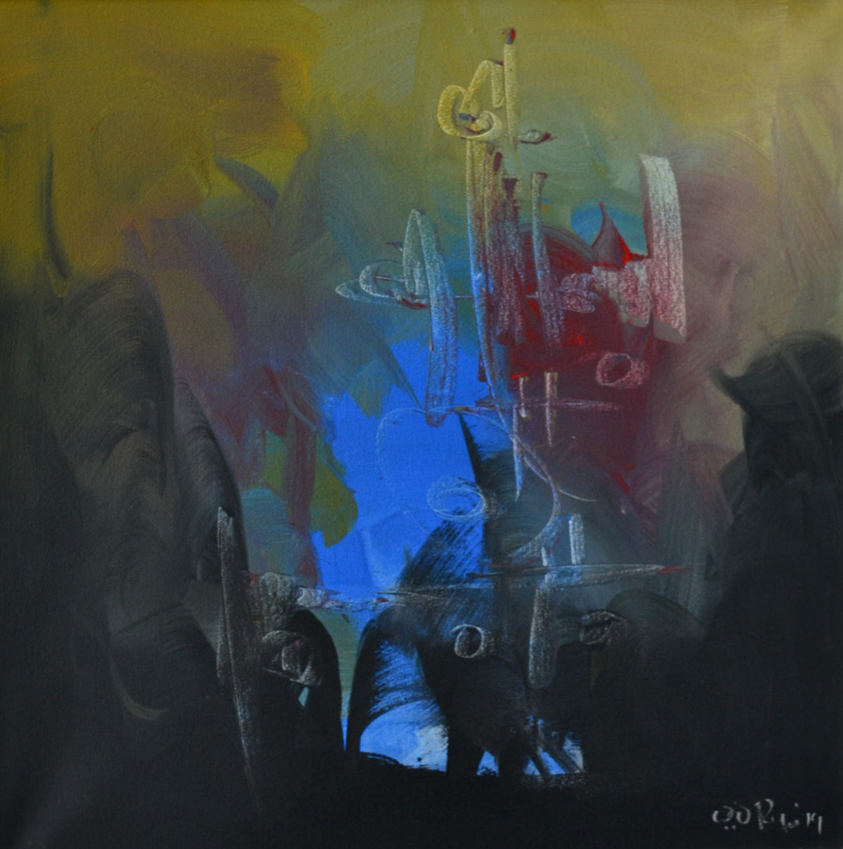Painter Riaz Riaz Untitled, Calligraphy Painting by Riaz Rafi, Oil on Canvas, 20x 20 inc ...