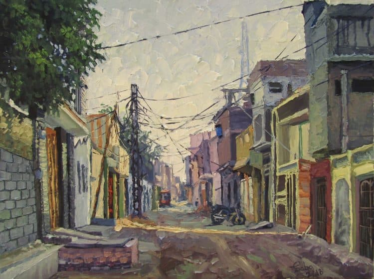 Morning view of my street Oil on canvas 24″/18″ Knife Painting with kitchen knife Mornin