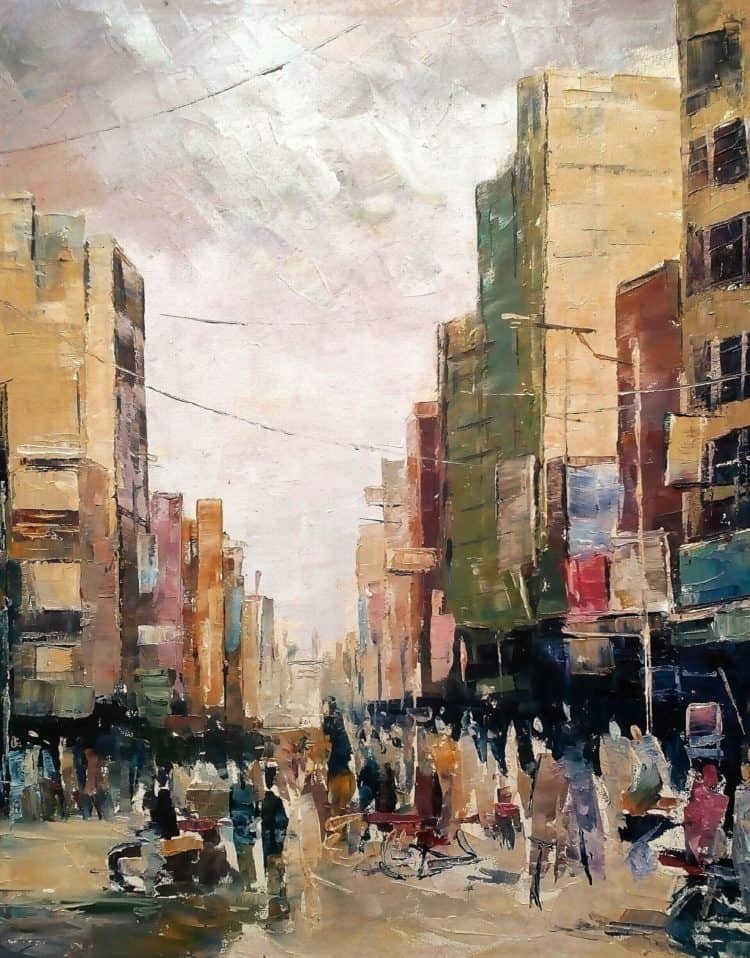 Palette Knife Oil on canvas 24 by 36 inches Muhammad Abu Hanzla 2018 Kachehri Bazar Fas view from cl
