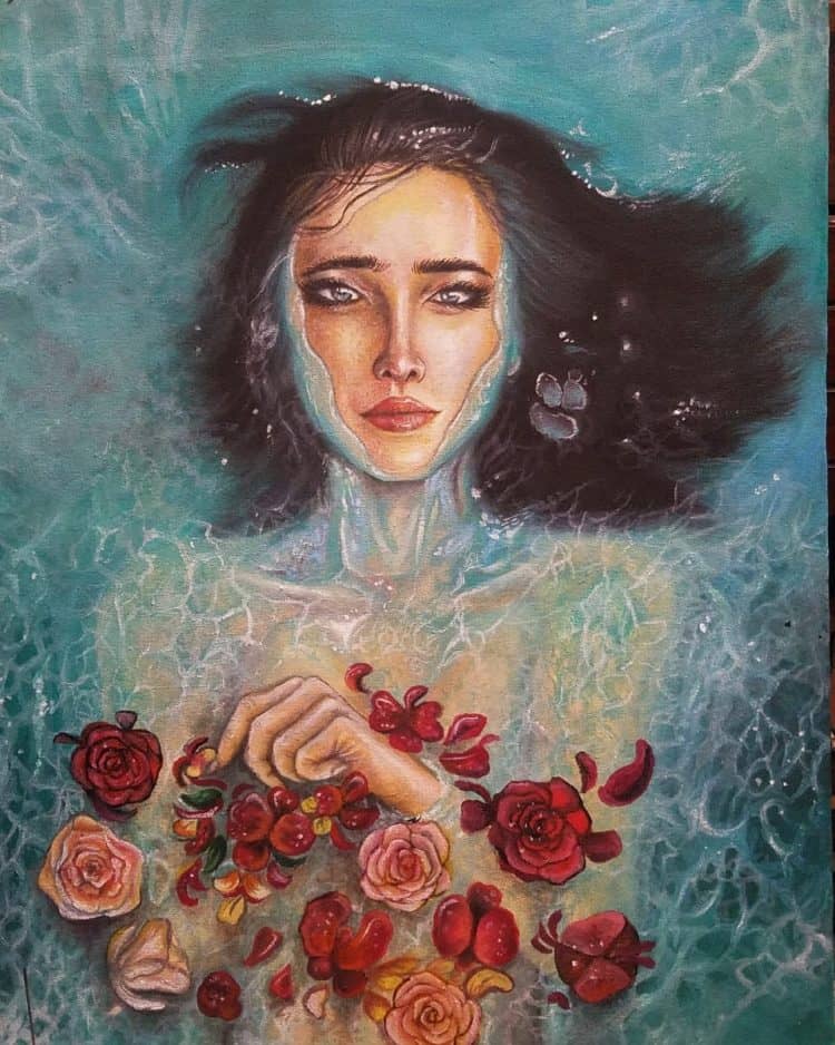 Depressed girl in water canvas oily painting IMG_20190307_170406_034