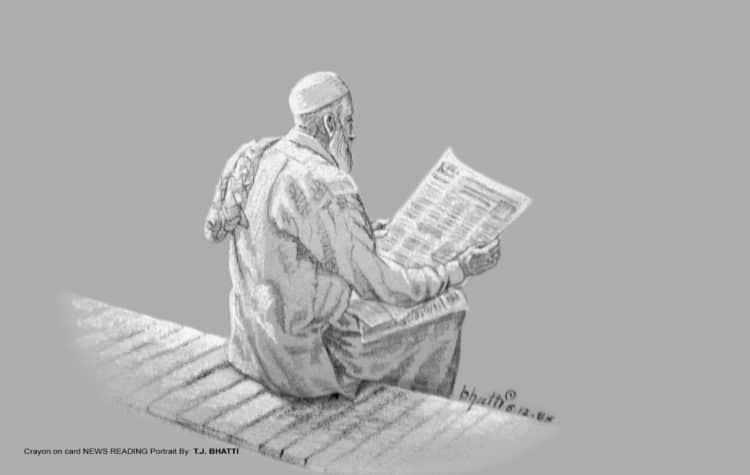 Crayon on card (14x22in) NEWS READING Portrait By: T.J. BHATTI 0333-5141558 NEWS READING