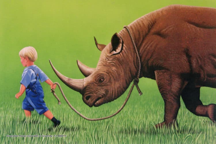 “CHILD VS RHINOCEROS” Illustration poster color with airbrush on 14x22in card by T.J. BHATTI 033